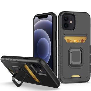 For iPhone 14 PLUS Card Holder with Magnetic Ring Stand Hybrid Case Cover - Black