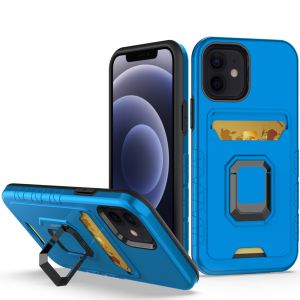 For iPhone 14 PLUS Card Holder with Magnetic Ring Stand Hybrid Case Cover - Blue