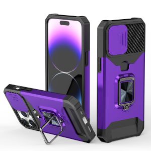For iPhone 15 Multi-Functional Card Magnetic Ring Stand Hybrid Camera Case Cover - Dark Purple