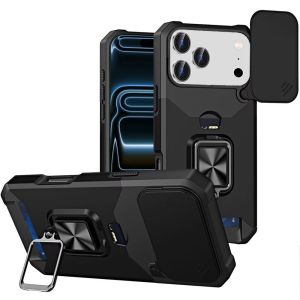 For iPhone 17 Pro Multi-Functional Card Magnetic Ring Stand Hybrid Camera Case Cover - Black