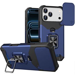 For iPhone 17 Pro Multi-Functional Card Magnetic Ring Stand Hybrid Camera Case Cover - Blue