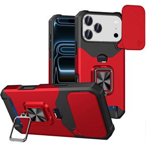 For iPhone 17 Pro Multi-Functional Card Magnetic Ring Stand Hybrid Camera Case Cover - Red