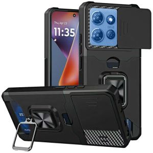 For Motorola Moto G 5G 2025 Multi-Functional Card Magnetic Ring Stand Hybrid Camera Case Cover - Black