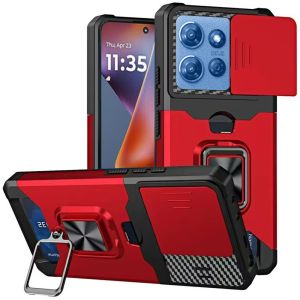 For Motorola Moto G 5G 2025 Multi-Functional Card Magnetic Ring Stand Hybrid Camera Case Cover - Red