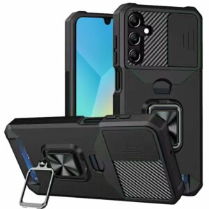 For Samsung A16 5G Multi-Functional Card Magnetic Ring Stand Hybrid Camera Case Cover - Black