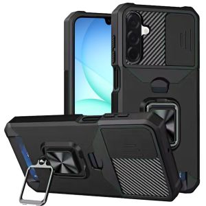 For Samsung A17 5G Multi-Functional Card Magnetic Ring Stand Hybrid Camera Case Cover - Black