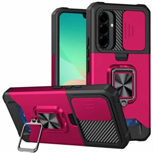 For Samsung Galaxy A27 Multi-Functional Card Magnetic Ring Stand Hybrid Camera Case Cover - Hot Pink