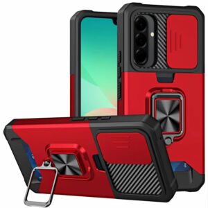 For Samsung Galaxy A27 Multi-Functional Card Magnetic Ring Stand Hybrid Camera Case Cover - Red