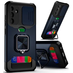 For Samsung A35 5g Multi-Functional Card Magnetic Ring Stand Hybrid Camera Case Cover - Blue