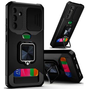 For Samsung Galaxy A36 Multi-Functional Card Magnetic Ring Stand Hybrid Camera Case Cover - Black