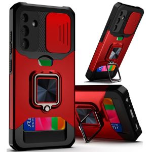 For Samsung Galaxy A36 / A56 Multi-Functional Card Magnetic Ring Stand Hybrid Camera Case Cover - Red