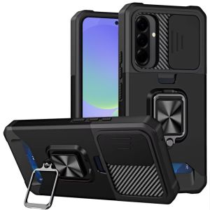 For Samsung Galaxy A37 Multi-Functional Card Magnetic Ring Stand Hybrid Camera Case Cover - Black