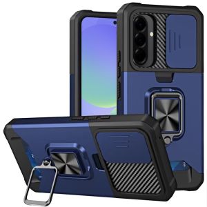 For Samsung Galaxy A37 Multi-Functional Card Magnetic Ring Stand Hybrid Camera Case Cover - Blue