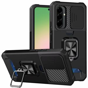 For Samsung Galaxy A57 Multi-Functional Card Magnetic Ring Stand Hybrid Camera Case Cover - Black