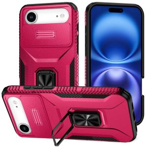 For iPhone 17 Air Multi-Functional Card Magnetic Ring Stand Hybrid Camera Case Cover - Hot Pink