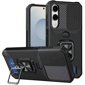 For Samsung Galaxy s25 Edge Multi-Functional Card Magnetic Ring Stand Hybrid Camera Case Cover - Black
