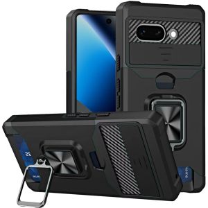 For Google Pixel 10a Multi-Functional Card Magnetic Ring Stand Hybrid Camera Case Cover - Black