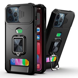 For iP15 Pro Max Multi-Functional Card Magnetic Ring Stand Hybrid Camera Case Cover - Black