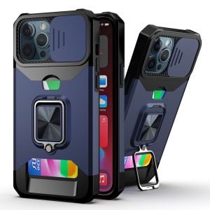 For iPhone SE 3 (2022) SE/8/7 Multi-Functional Card Magnetic Ring Stand Hybrid Camera Case Cover - Blue