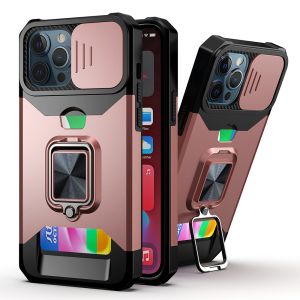 For iPhone 15 Multi-Functional Card Magnetic Ring Stand Hybrid Camera Case Cover - Rose Gold