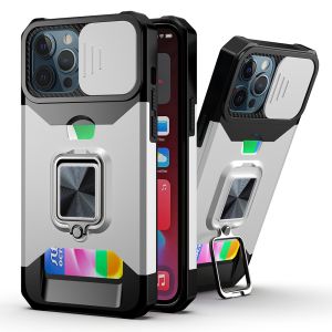 For iPhone 15 Multi-Functional Card Magnetic Ring Stand Hybrid Camera Case Cover - Silver