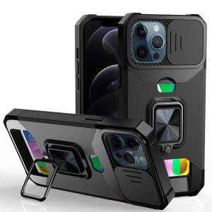 For iPhone 12 Pro Max 6.7 Multi-Functional Card Magnetic Ring Stand Hybrid Camera - Black