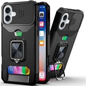 For iPhone 16 6.1 inch Multi-Functional Card Magnetic Ring Stand Hybrid Camera Case Cover - Black