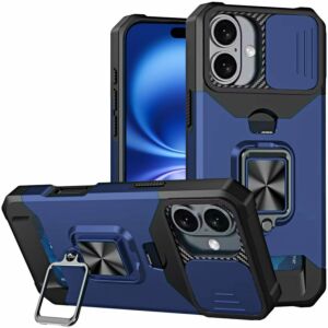 For iPhone 17 Multi-Functional Card Magnetic Ring Stand Hybrid Camera Case Cover - Blue