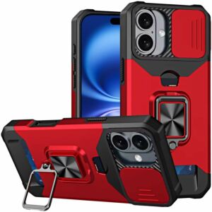 For iPhone 17 Multi-Functional Card Magnetic Ring Stand Hybrid Camera Case Cover - Red