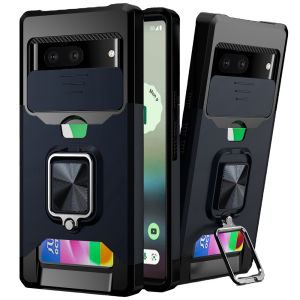 For Google Pixel 6A Multi-Functional Card Magnetic Ring Stand Hybrid Camera - Blue