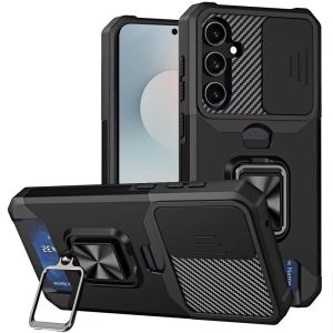 For Samsung s26 Plus Multi-Functional Card Magnetic Ring Stand Hybrid Camera Case Cover - Black