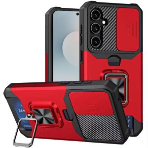 For Samsung s26 Plus Multi-Functional Card Magnetic Ring Stand Hybrid Camera Case Cover - Red