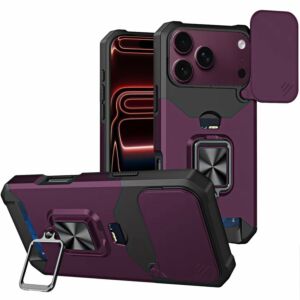 For Apple iPhone 18 Pro Multi-Functional Card Magnetic Ring Stand Hybrid Camera Case Cover - Dark Cherry