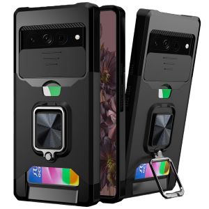 For Google Pixel 7 Pro Multi-Functional Card Magnetic Ring Stand Hybrid Camera Case Cover - Black