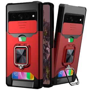 For Google Pixel 7 Pro Multi-Functional Card Magnetic Ring Stand Hybrid Camera Case Cover - Red