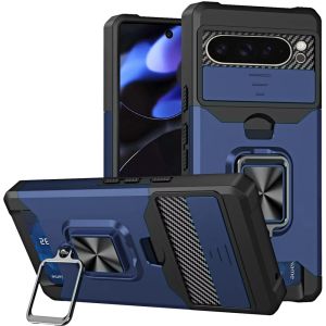 For Google Pixel 10/10 Pro Multi-Functional Card Magnetic Ring Stand Hybrid Camera Case Cover - Blue