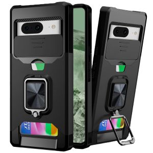 For Pixel 8A Multi-Functional Card Magnetic Ring Stand Hybrid Camera Case Cover - Black
