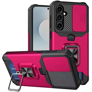 For Samsung s26 Multi-Functional Card Magnetic Ring Stand Hybrid Camera Case Cover - Hot Pink