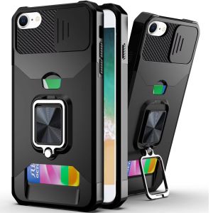 For iPhone 16E / SE4 Multi-Functional Card Magnetic Ring Stand Hybrid Camera Case Cover - Black