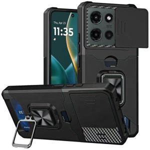 For Moto G Stylus 5G 2025 Multi-Functional Card Magnetic Ring Stand Hybrid Camera Case Cover - Black