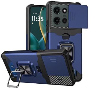 For Moto G Stylus 5G 2025 Multi-Functional Card Magnetic Ring Stand Hybrid Camera Case Cover - Blue