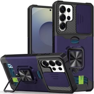 For Samsung s26 Ultra Multi-Functional Card Magnetic Ring Stand Hybrid Camera Case Cover - Dark Purple