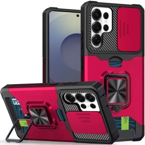 For Samsung s26 Ultra Multi-Functional Card Magnetic Ring Stand Hybrid Camera Case Cover - Hot Pink