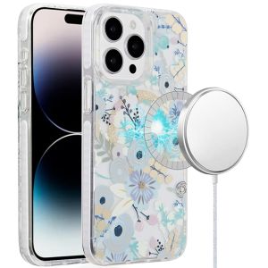 For iPhone 14 PRO MAX 6.7" Magnetic Double Layer IMD Design Case - Blue Floral