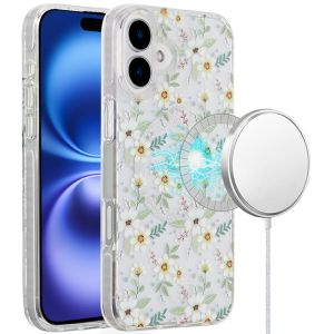 For iPhone 16 6.1 inch Magnetic Double Layer IMD Design Case - Green Floral