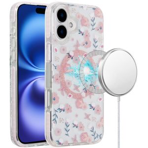 For iPhone 16 6.1 inch Magnetic Double Layer IMD Design Case - Pink Floral
