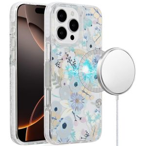 For iPhone 16 Pro Max 6.9 inch Magnetic Double Layer IMD Design Case - Blue Floral
