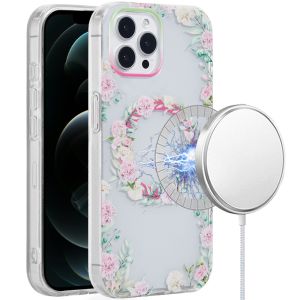 For iPhone 12 Pro Max 6.7 [Magnetic Circle] Double Layer Design IMD TPU Case - Green/Pink Floral