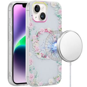 For iPhone 14/13 [Magnetic Circle] Double Layer Design IMD TPU Case - Yellow/Purple Floral
