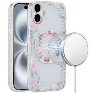 For iPhone 16 6.1 inch [Magnetic Circle] Double Layer Design IMD TPU Case - Green/Pink Floral